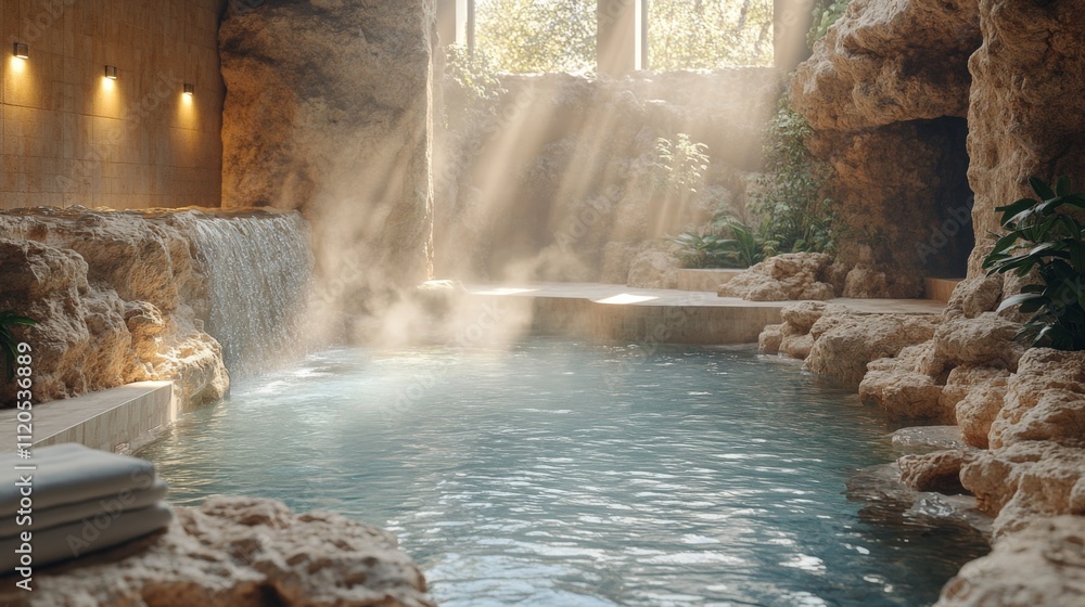 Poster Warm light filters through windows, illuminating the tranquil water pool with a soft waterfall and natural stone elements, creating a calming atmosphere for relaxation.