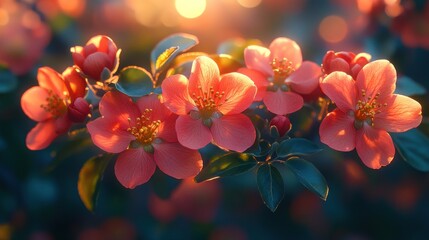 Sunset illuminating blooming coral flowers.