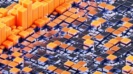 Obraz premium Abstract 3D background as a grid of reflective cubes. Orange cubes form peaks rising from a base of bluish-silver cubes. Data visualization, cityscape, or microscopic tech surface. Geometric precision
