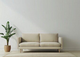 Minimalist living room interior with a beige sofa. a potted plant. and a rug on a white wall