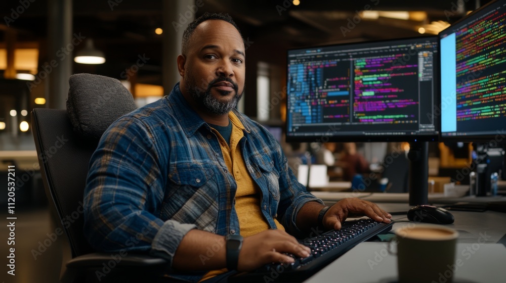 Aufkleber A software developer types on a mechanical keyboard in a dimly lit workspace, focused on dual monitors filled with vibrant code while a coffee cup sits close by