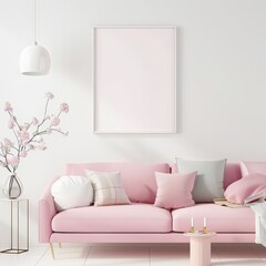 Minimalist living room interior with pink sofa. white walls. and a blank frame for mockup