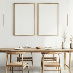 Minimalist dining room interior with two empty picture frames hanging above a wooden table with four chairs. a bowl. plates and glasses