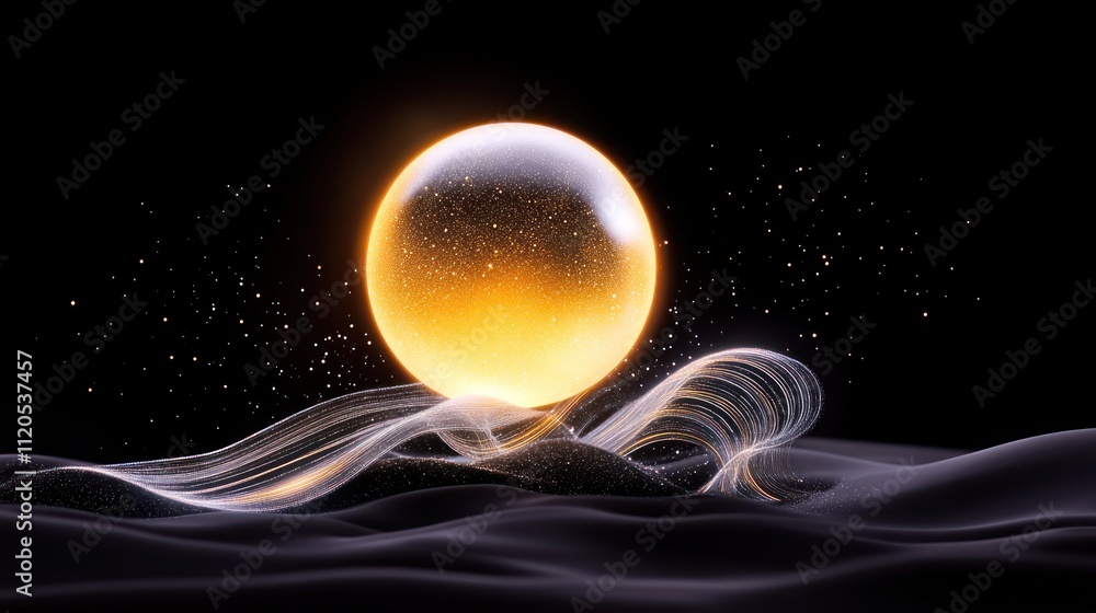 Poster a glowing orb amidst flowing waves and sparkling particles.