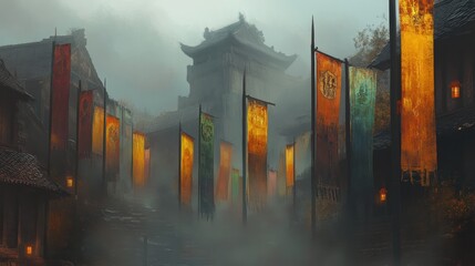 Colorful flags adorning a misty ancient city street