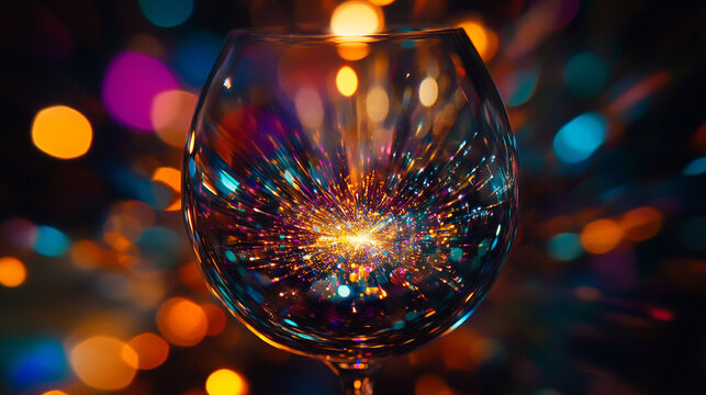 Focused view of a sparkling fireworks display reflected in a wine glass.