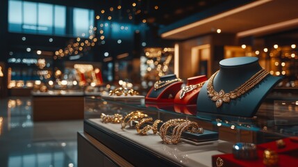 Opulent jewelry store showcases a stunning array of gold necklaces, bracelets, and rings under soft lighting, creating a dazzling and inviting atmosphere