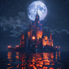 Fototapeta premium A castle with a glowing magical moat, shimmering under a full moon