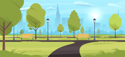 Fototapeta premium A serene park scene featuring benches, trees, and city skyline backdrop. Vector illustration