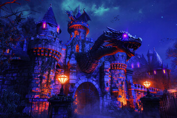 A castle with dragon statues that appear to come alive, glowing in ominous light