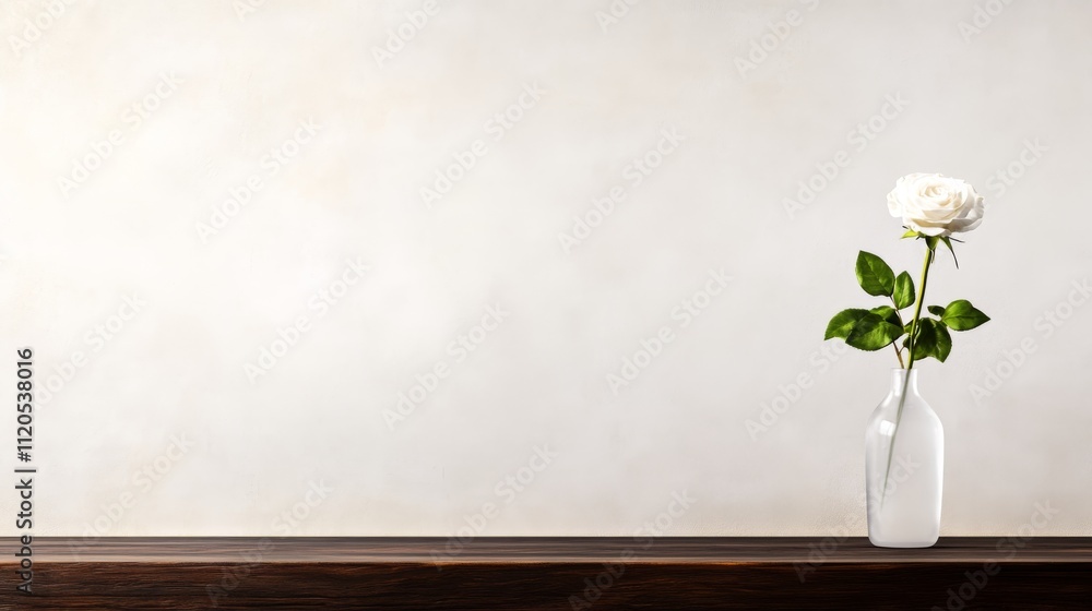 Poster a single white rose stands elegantly in a frosted glass vase, placed on a dark wooden table against 