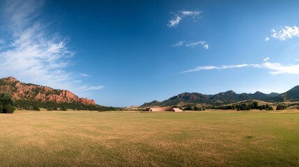 Obraz premium Spectacular outdoor amphitheater nestled among vibrant red rocks, with a few clouds contrasting against the bright blue sky, showcasing natural beauty and tranquility