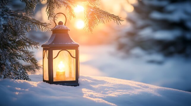 A Christmas lantern set on snow with fir branches, illuminated by sunlight, creating a winter decoration backdrop.