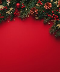 A festive arrangement of Christmas tree branches adorned with vibrant red berries and shimmering gold stars against a rich red backdrop.