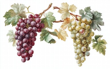 Whole bunches of red and green grapes with stems on white background