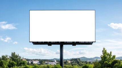 Obraz premium Blank billboard in an open landscape under a blue sky.