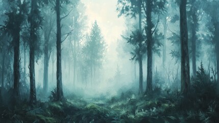 Obraz premium Mysterious fog covering forest floor in a pine tree woods