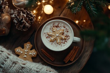 A cozy holiday scene featuring a cup of coffee sprinkled with cinnamon, accompanied by a plate of festive cookies, perfect for Christmas cheer.