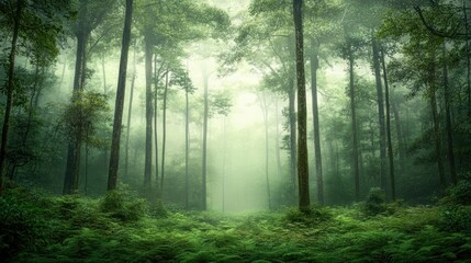 Fog arising in magical green forest with ferns covering the ground