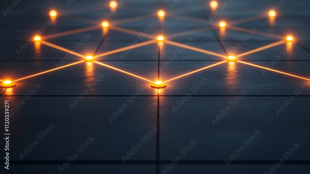 Poster Glowing teal and gold lines form a dynamic network pattern on a black surface, offering a futuristic feel with ample space for text on the left side