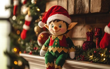 Elf plush toy with a cheerful expression and festive outfit on a holiday mantle