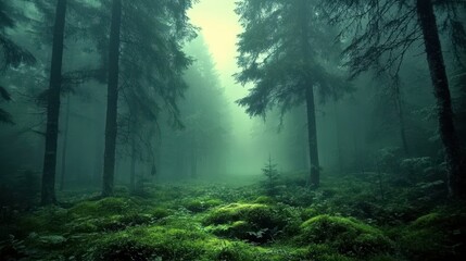 Fog arising in magical dark green forest with moss