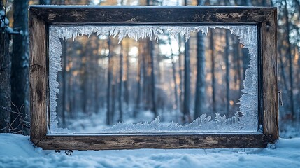 Winter scene with a frozen window and old wooden frame, showcasing a forest outside.