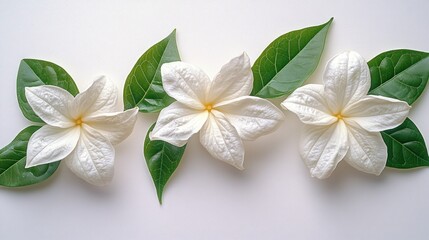 Naklejka premium Three white flowers with green leaves arranged on a white background.