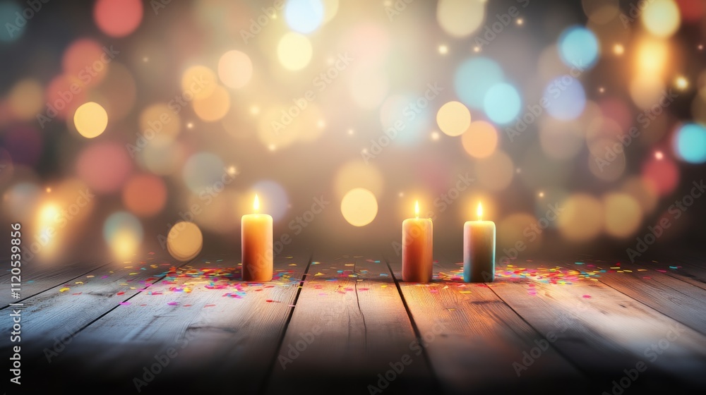 Poster colorful bokeh lights illuminate a festive setting with scattered confetti, creating a joyful ambian
