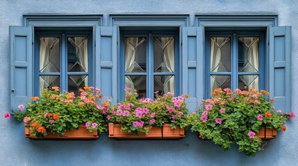 Fototapeta premium Three windows with flowers.