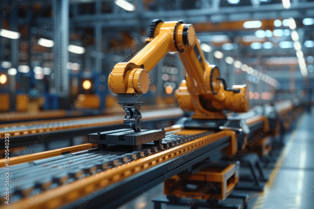 Aufkleber robotic arm is placing an object on a conveyor belt in a factory. concept of automation and manufact