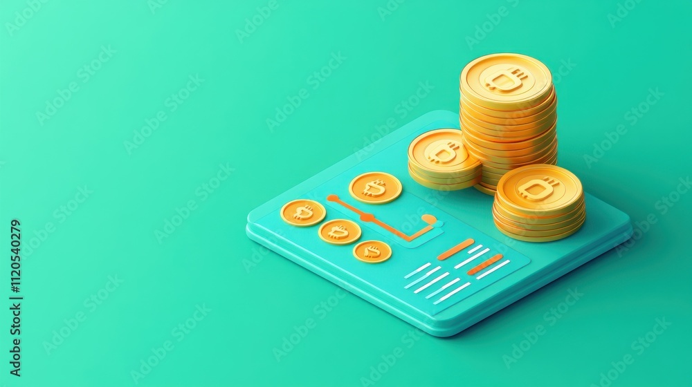 Poster gold bitcoin stacks on teal digital interface