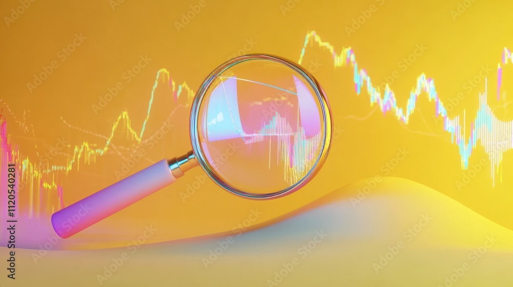 Poster magnifying glass analyzing colorful stock market chart data