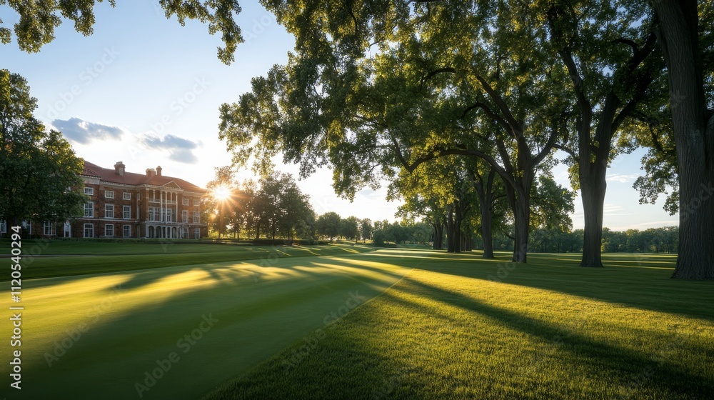 Poster golden sunlight streams through tall oak trees at a well-maintained park, creating a serene atmosphe