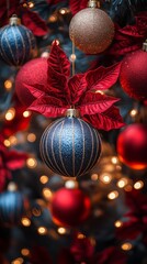 Obraz premium A beautifully decorated Christmas tree adorned with numerous colorful ornaments and twinkling lights, creating a festive and joyful atmosphere.