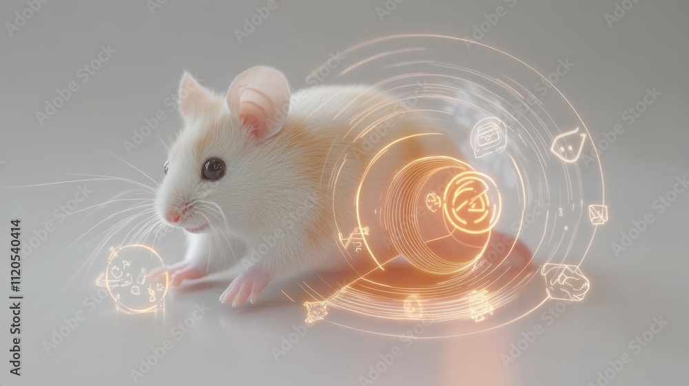 Poster white laboratory mouse with futuristic digital interface