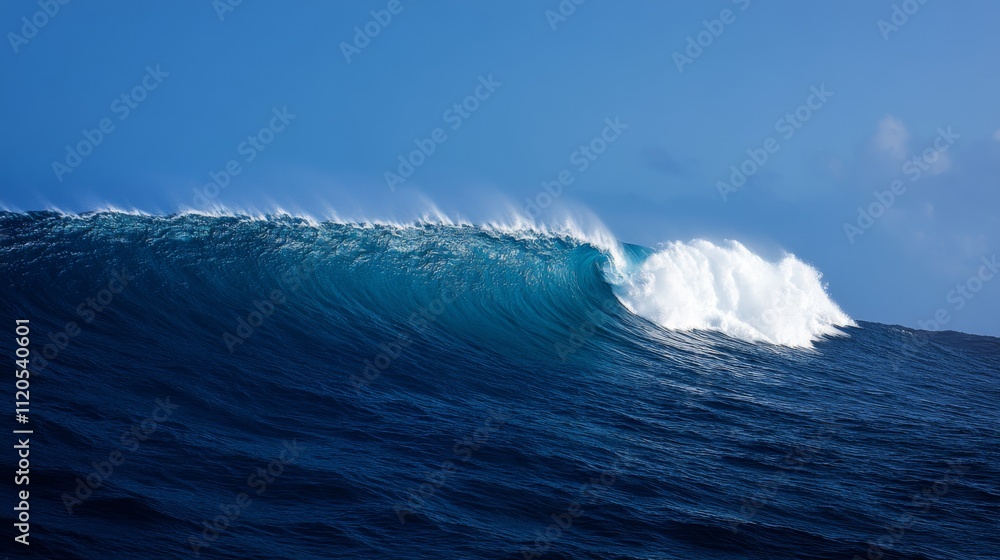 Poster turquoise wave rolls toward sandy beach, creating striking foam patterns against deep blue ocean. cl