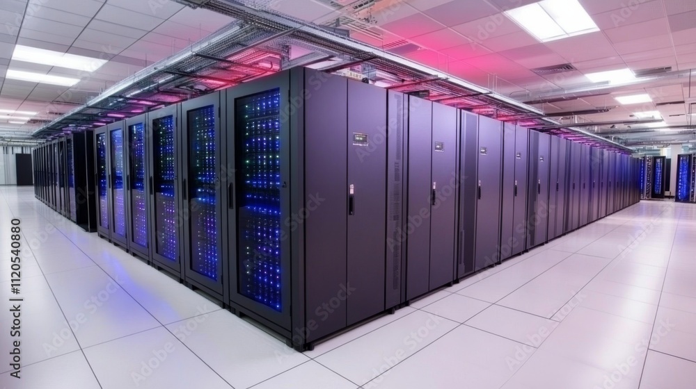 Poster A single row of server racks illuminates a data center, featuring vibrant LED lights and symmetry, creating a futuristic atmosphere with ample copy space