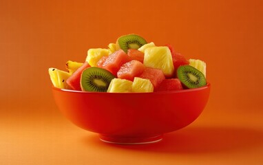 Fresh fruit salad with watermelon, pineapple, and kiwi on a bold tangerine studio background