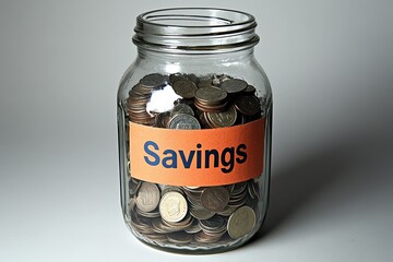 A Jar Filled with Coins Labeled "Savings" Against a Plain Background