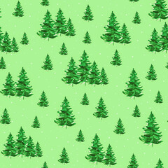 A variety of evergreen trees are artistically arranged on a bright green background, creating a lively natural pattern perfect for seasonal designs.