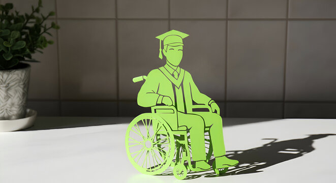 Papercraft or paper cut silhouette illustration of a graduate wheelchair user wearing graduation gown