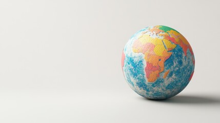 A textured globe rests on a plain white background