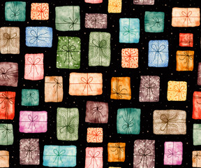 A vibrant collection of illustrated gift boxes fills the dark backdrop, featuring various sizes and colors tied with ribbons, creating a cheerful and festive atmosphere.