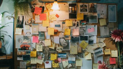 A creative vision board featuring photos, sticky notes, and drawings for 2025 goals