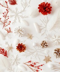 A variety of colorful Christmas decorations are displayed on a white surface, showcasing festive ornaments, lights, and seasonal motifs.