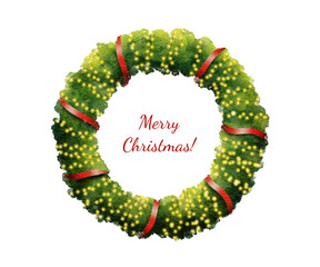 A circular wreath made of lush green foliage is adorned with bright lights and red ribbons. In the center, the words Merry Christmas convey a joyful holiday spirit.