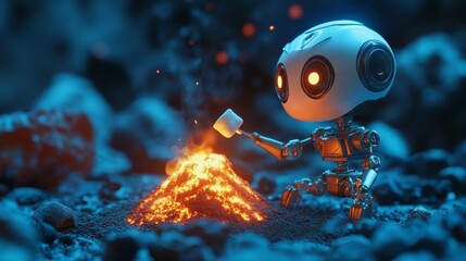 Robot toasting marshmallow over glowing volcano at night in a vibrant landscape