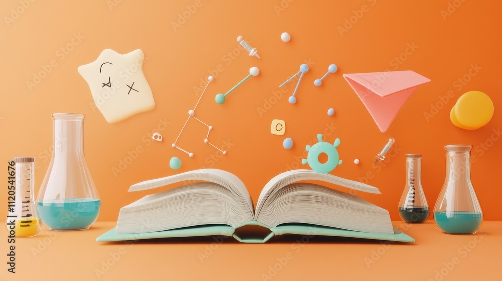 Poster open book surrounded by science and learning objects