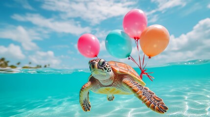 Underwater turtle swimming with colorful balloons in a serene tropical setting